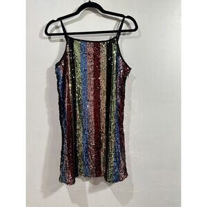 Forever 21 Women Rainbow Spaghetti Strap Striped Sequined Knit Mini Dress S NWT